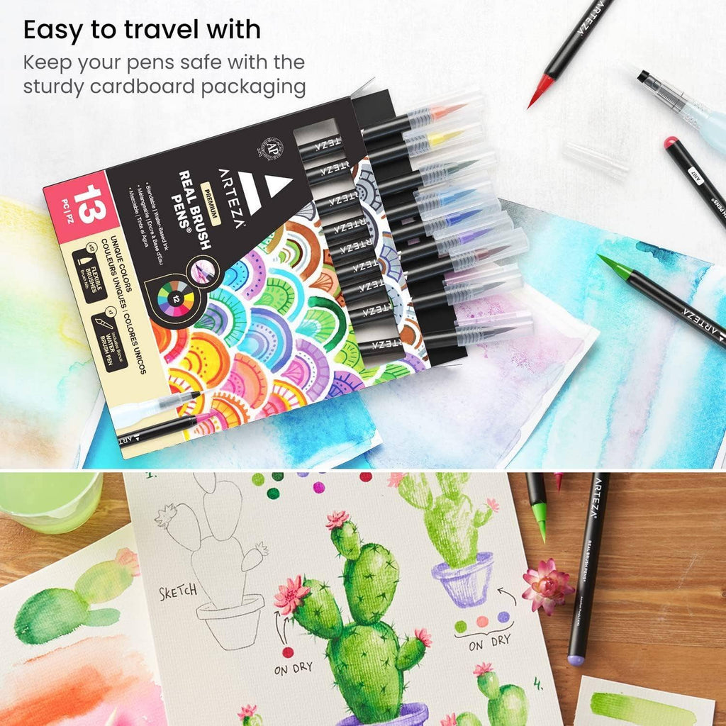 Arteza® Real Brush Pens® Set – 13-Piece Watercolor & Hand Lettering Educational Art Set