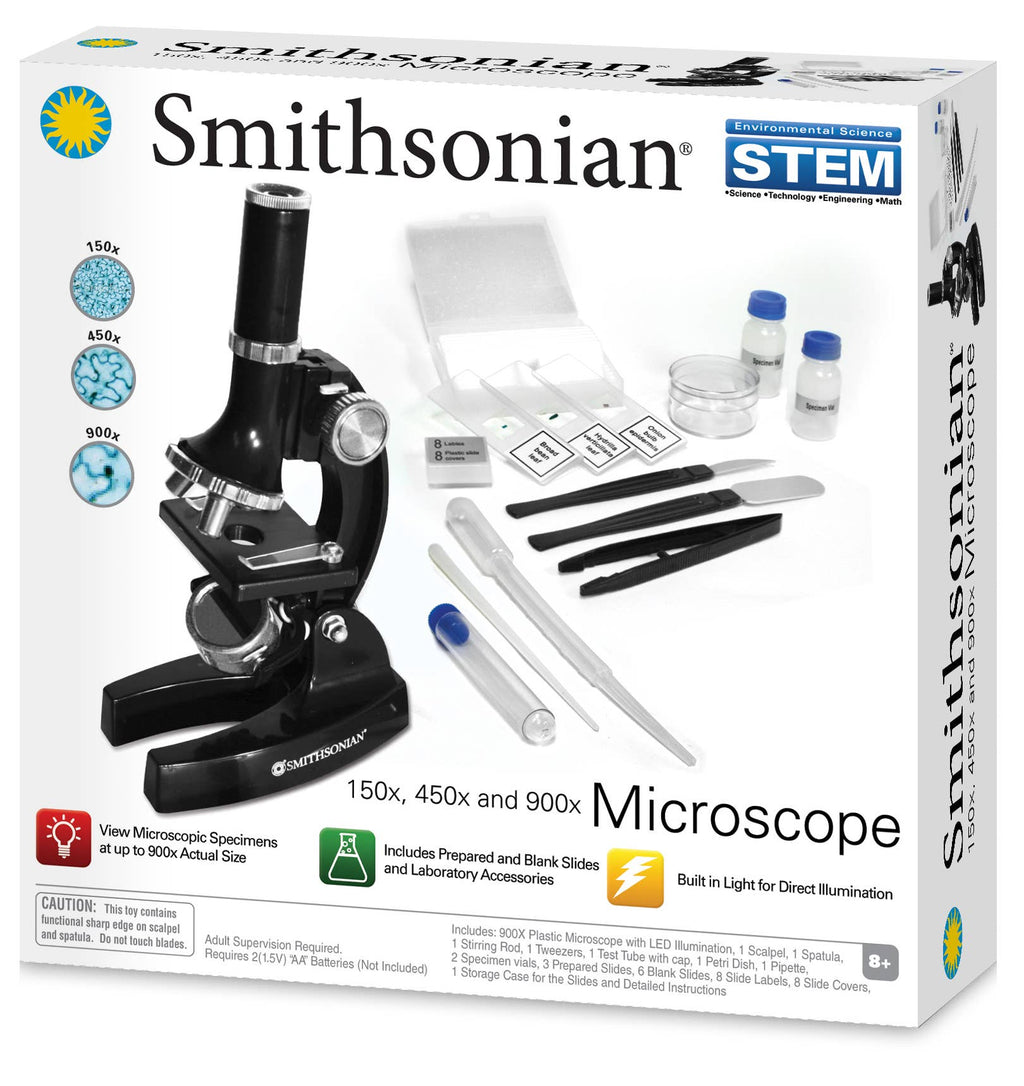 Smithsonian Microscope Science Lab Kit – STEM Biology Learning Tool with Slides, Specimen Tools, and Observation Equipment (Up to 900x Magnification)