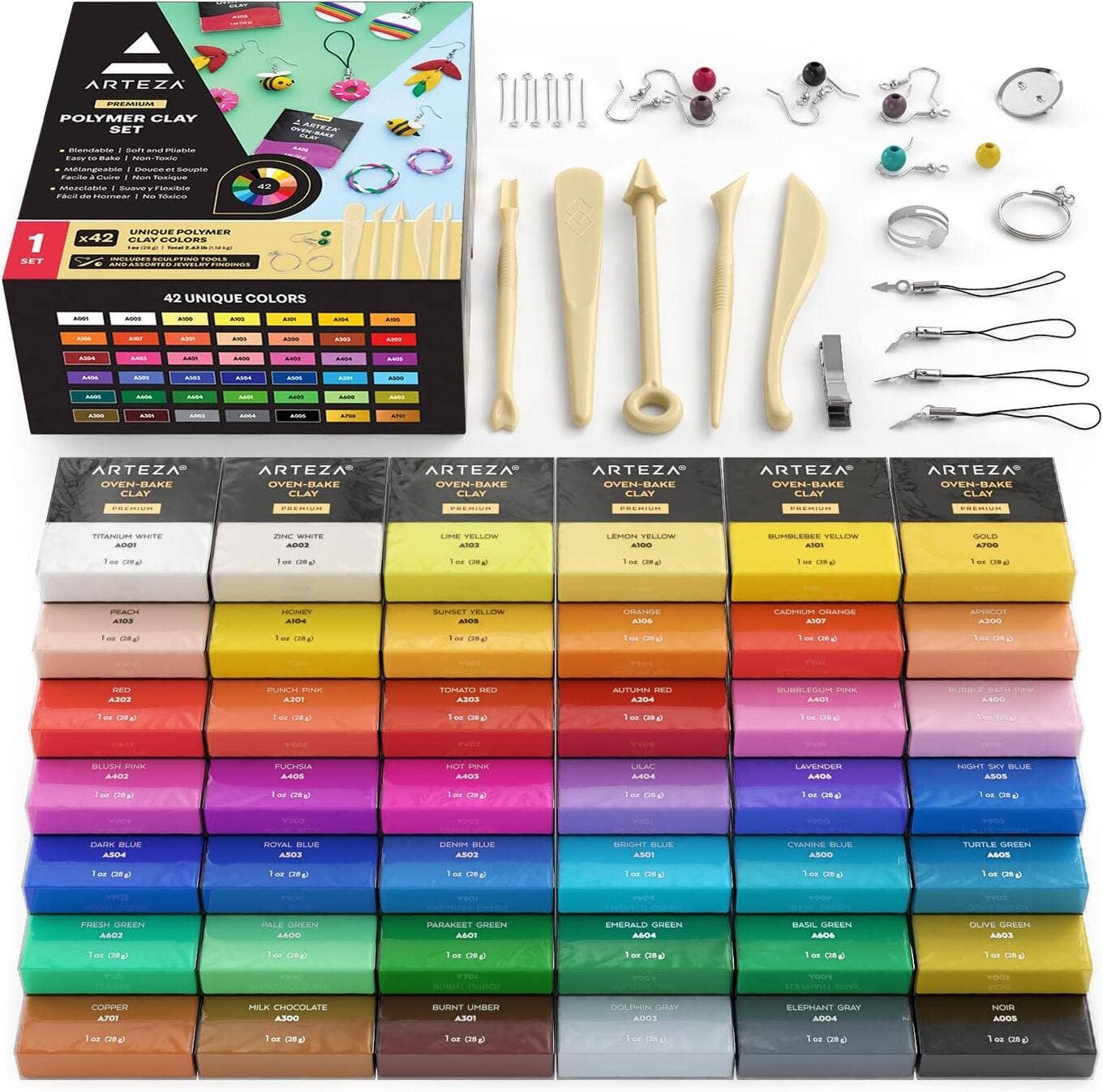 Educational Polymer Clay Art & Sculpture Kit – Color Theory, 3D Design & Creative Skill Development (Arteza® Oven Bake Clay, Tools & Accessories Set – 42 Colors)