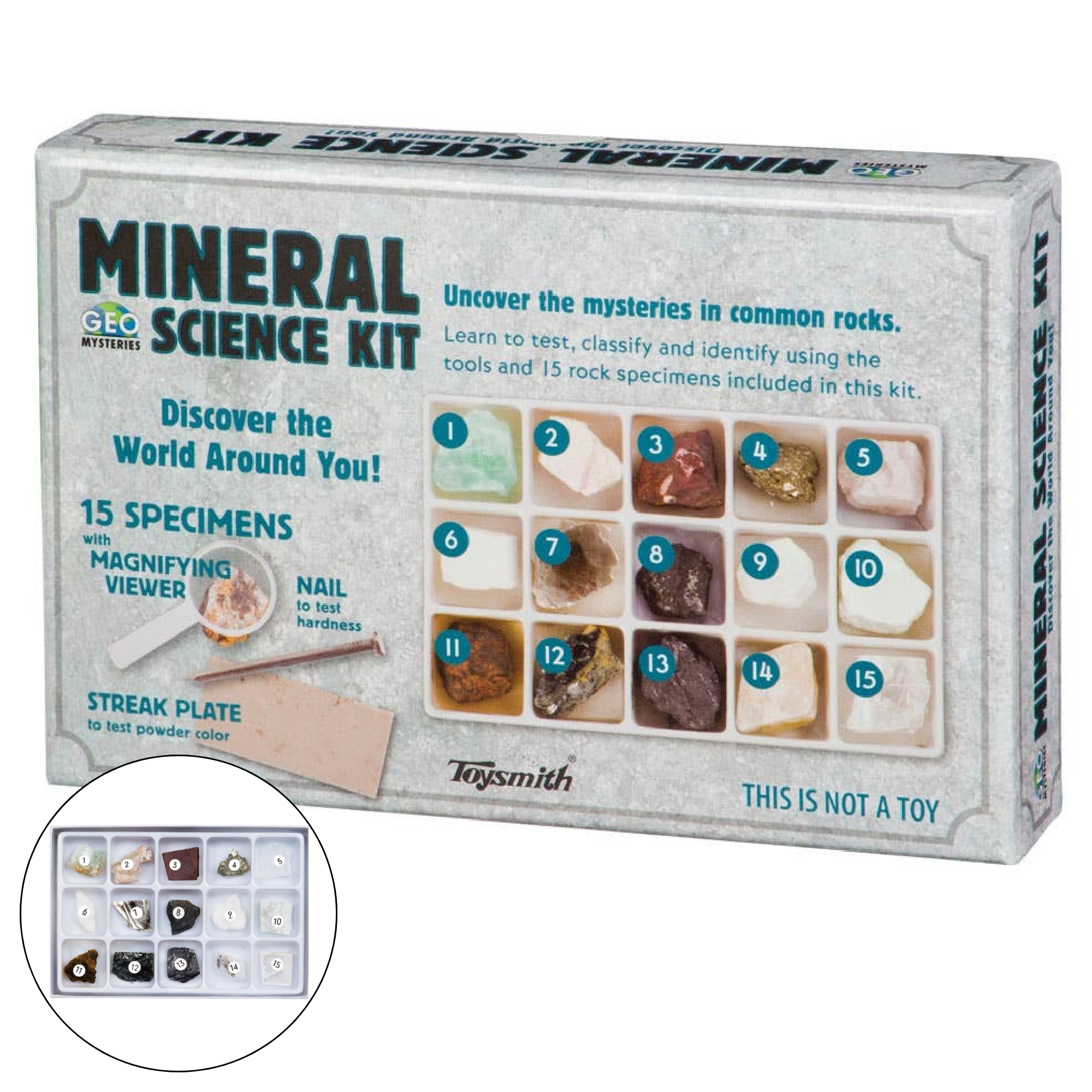 Toysmith Mineral Science Kit: Mineral Identification Science Kit – Geology Learning Set with Rock Specimens, Testing Tools, and Observation Guide (STEM Earth Science Activity)