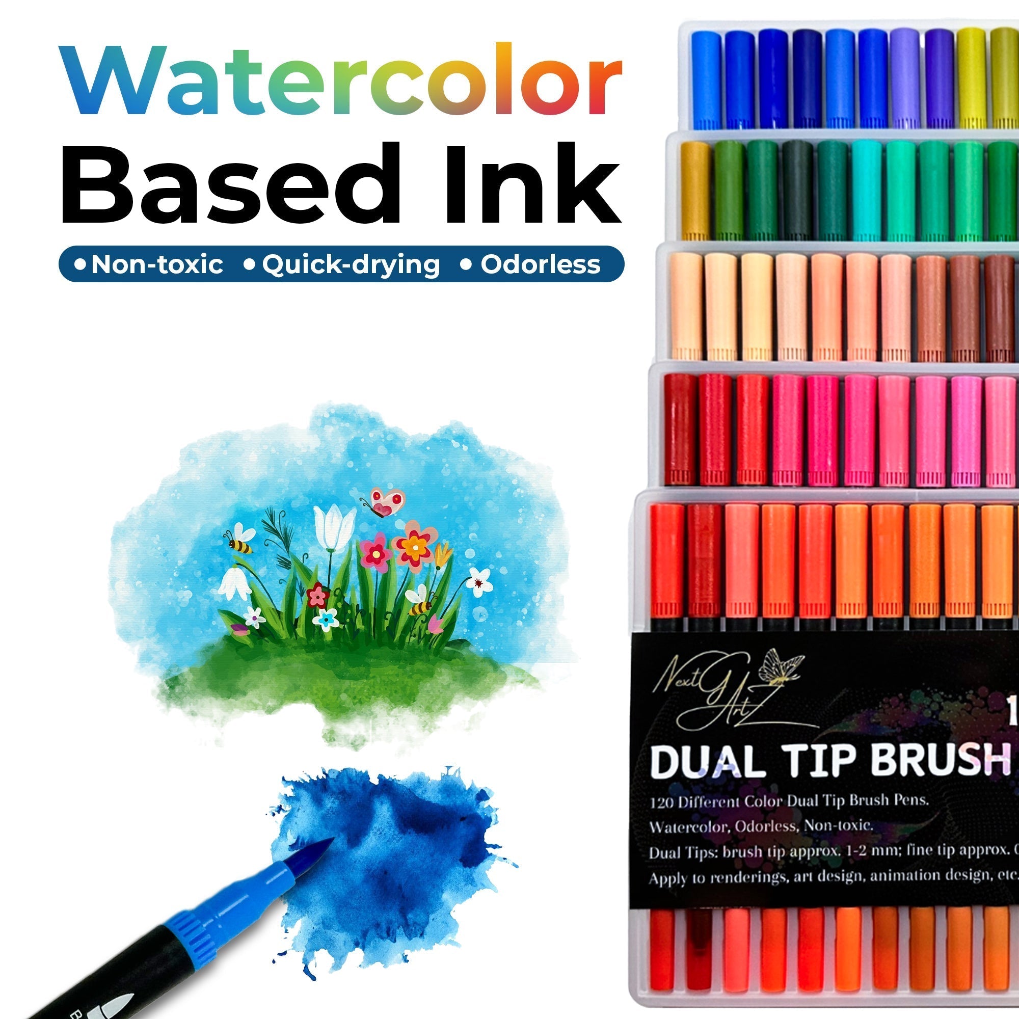 NextG Artz – Dual Tip Brush Art Marker Pens, 120 Unique Bright Colors