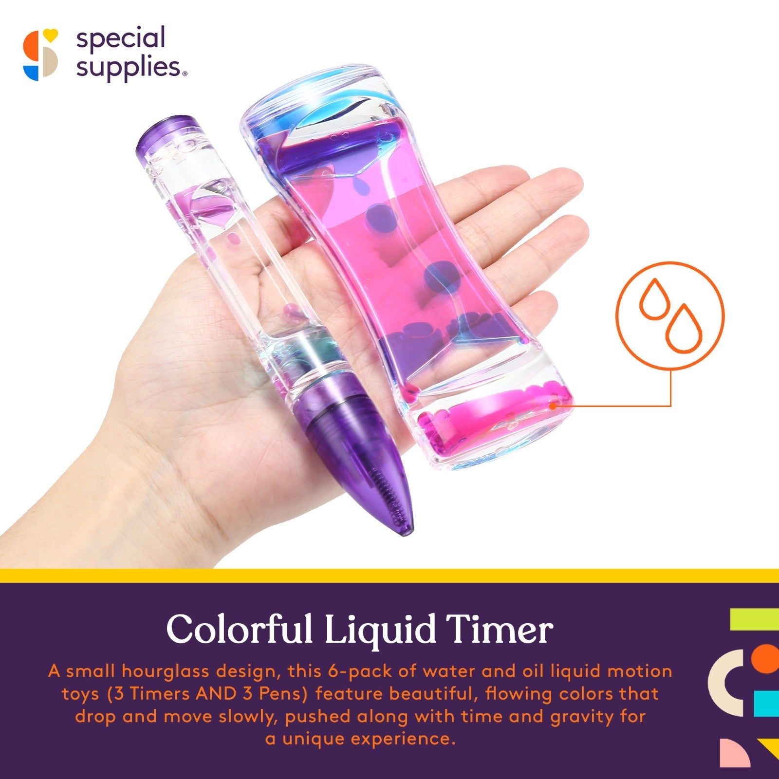 Special Supplies Liquid Motion Bubbler Toy Timer and Pen Combo (Set of 6) Colorful Hourglass Timer with Droplet Movement, Bedroom, Kitchen, Bathroom Sensory Play, Cool Home or Desk Décor