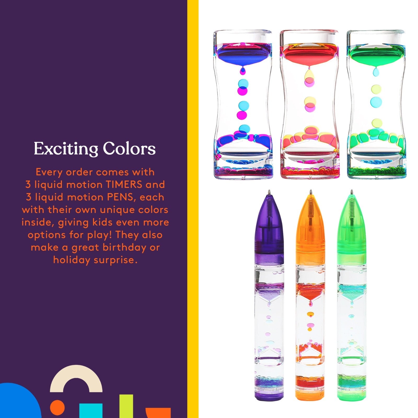 Special Supplies Liquid Motion Bubbler Toy Timer and Pen Combo (Set of 6) Colorful Hourglass Timer with Droplet Movement, Bedroom, Kitchen, Bathroom Sensory Play, Cool Home or Desk Décor