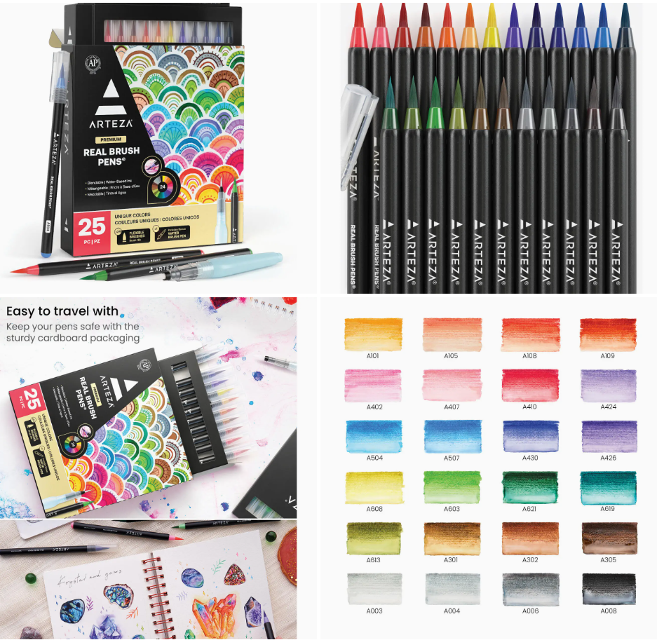 Educational Brush Lettering & Watercolor Art Kit – Arteza® Real Brush Pens® Set (25-Piece)