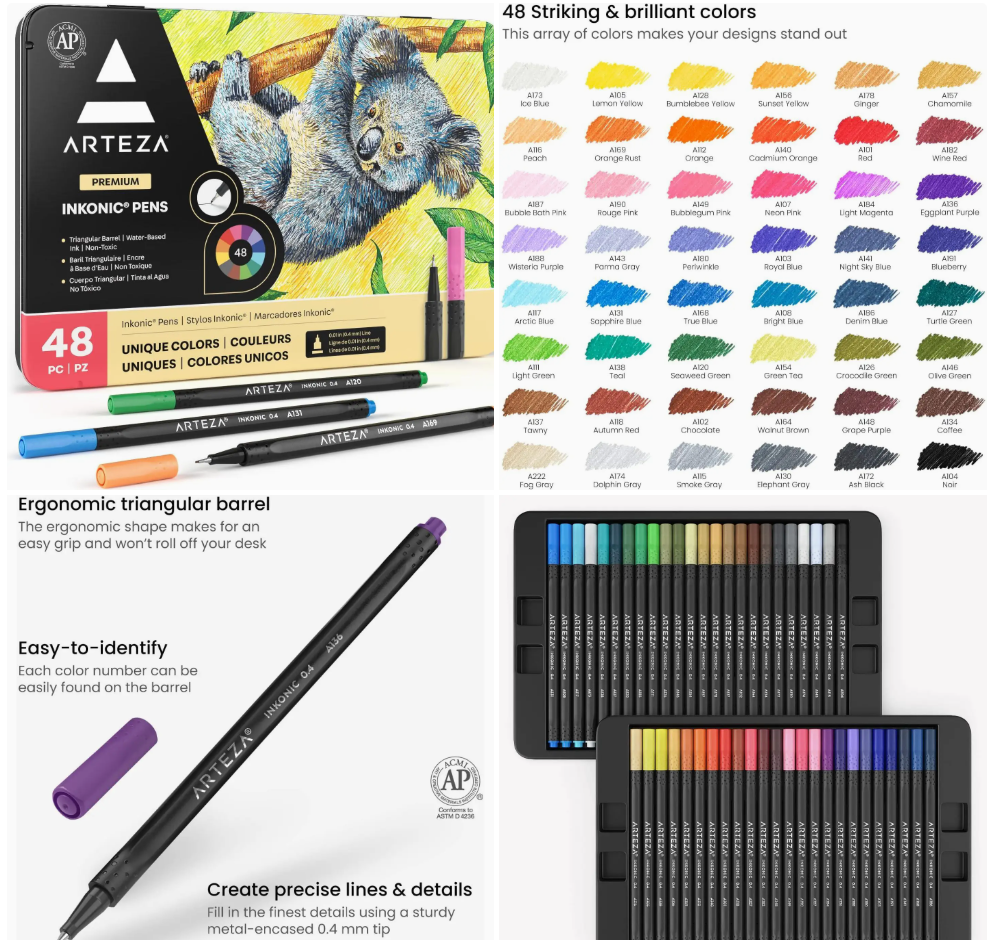 Educational Fine Line Drawing & Writing Kit – Arteza® Inkonic™ Fineliner Pens Set (48-Piece)